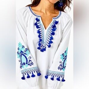 Lilly Pulitzer White Tunic with Blue Embroidery